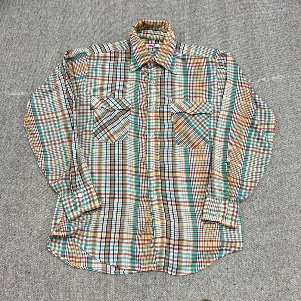 Vintage Levi's Button Up‎ Shirt Mens Large Green 1970s Plaid
